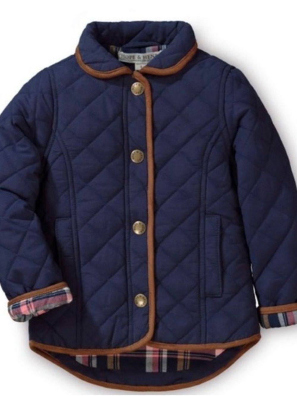 Navy Quilted Kids Puffer Jacket with Brown Trim